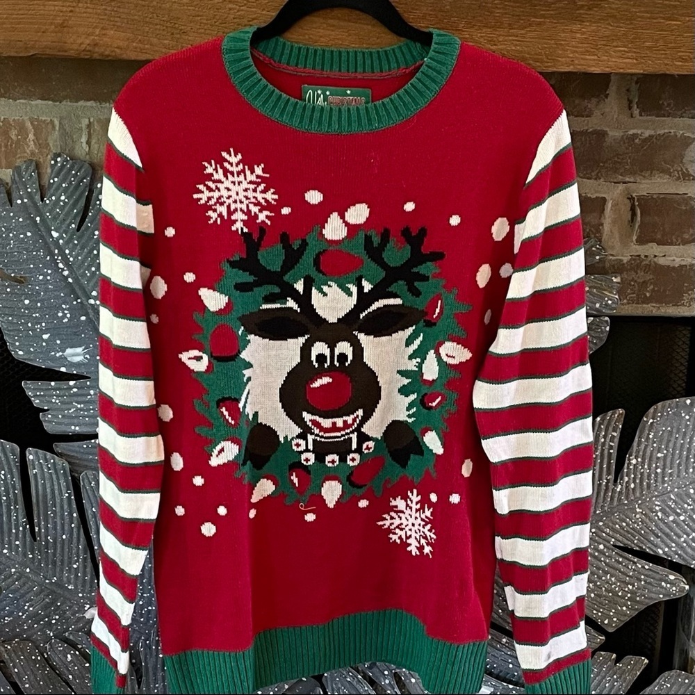 NWT Ugly Christmas Sweater Rudolph Size Large Motion Activated Lights